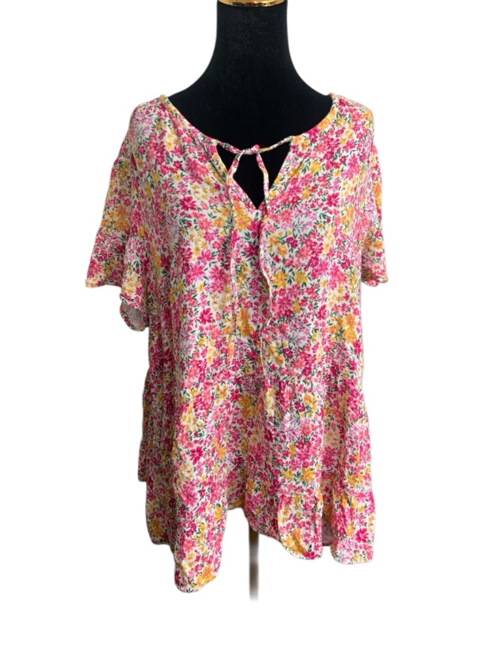 Terra & Sky Spring Floral Cotton Tie Neck Short Sleeve Tunic Top Pink Yellow 2X